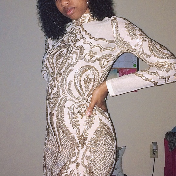 Fashion Nova Calcy Sequin Mesh Midi Dress - Gold, Size S - Picture 4 of 5